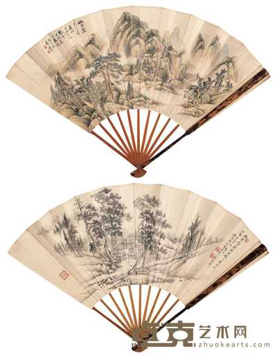 张石图 秦淦 丁卯(1927年)、丙寅(1926年)作 远山清溪图 松鹤草堂图 成扇